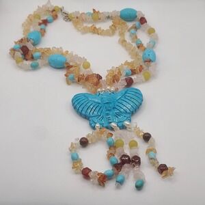 Stone Carved Necklace Butterfly‎ Blue Pink Yellow 18"